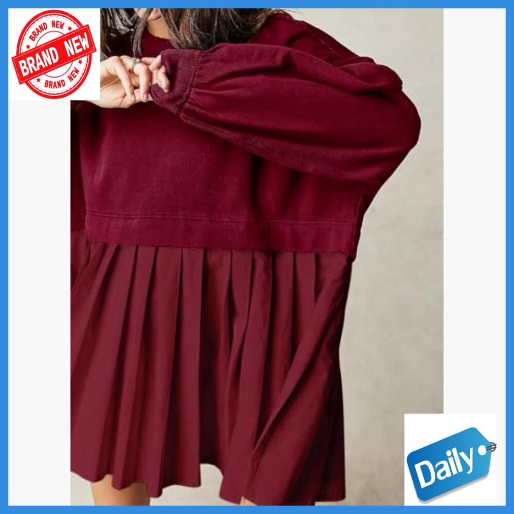 Oversized Sweatshirt Dress Crew Neck Long Sleeve Patchwork Pullover Mini Dress - Picture 2 of 7